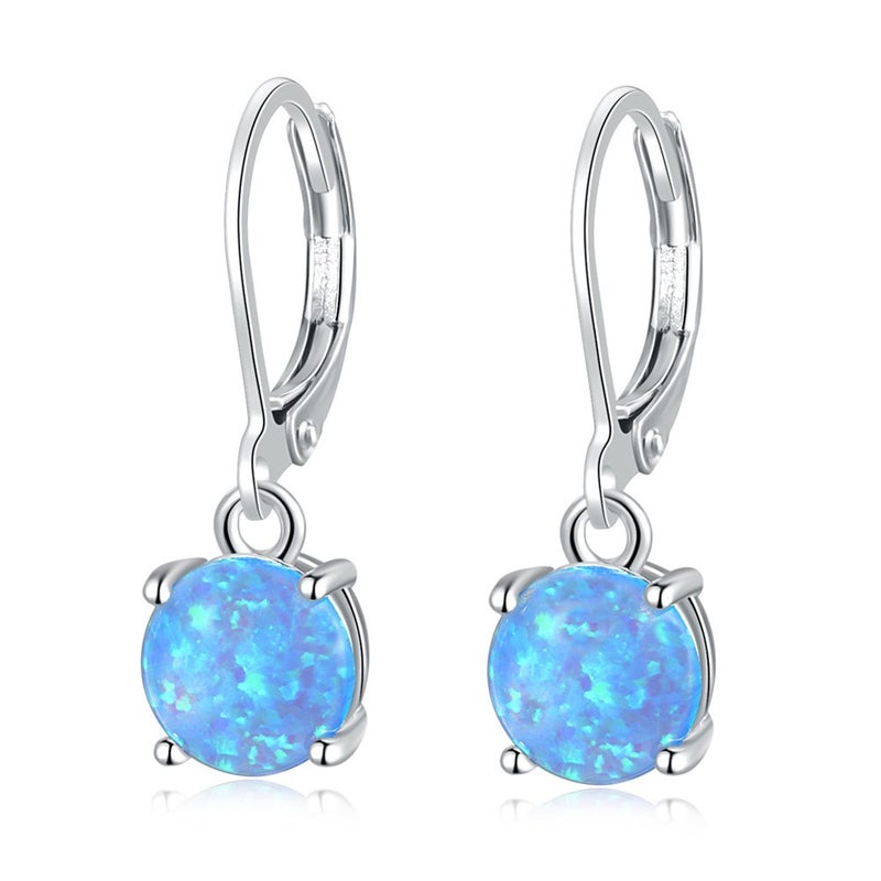 CiNily Round-Cut Opal Dangle Earrings, Blue Fire Opal Rhodium Plated Women Jewelry Leverback Gemstone Drop Earrings - Image 1